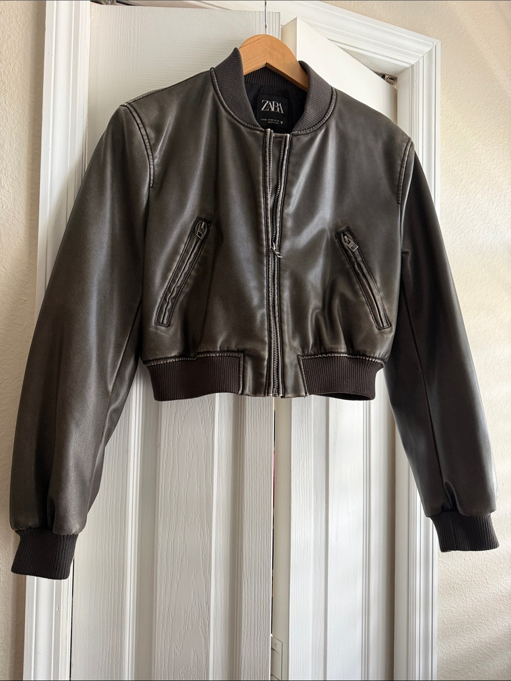 ZARA Women's Cropped Distressed Bomber Jacket in Dark Brown